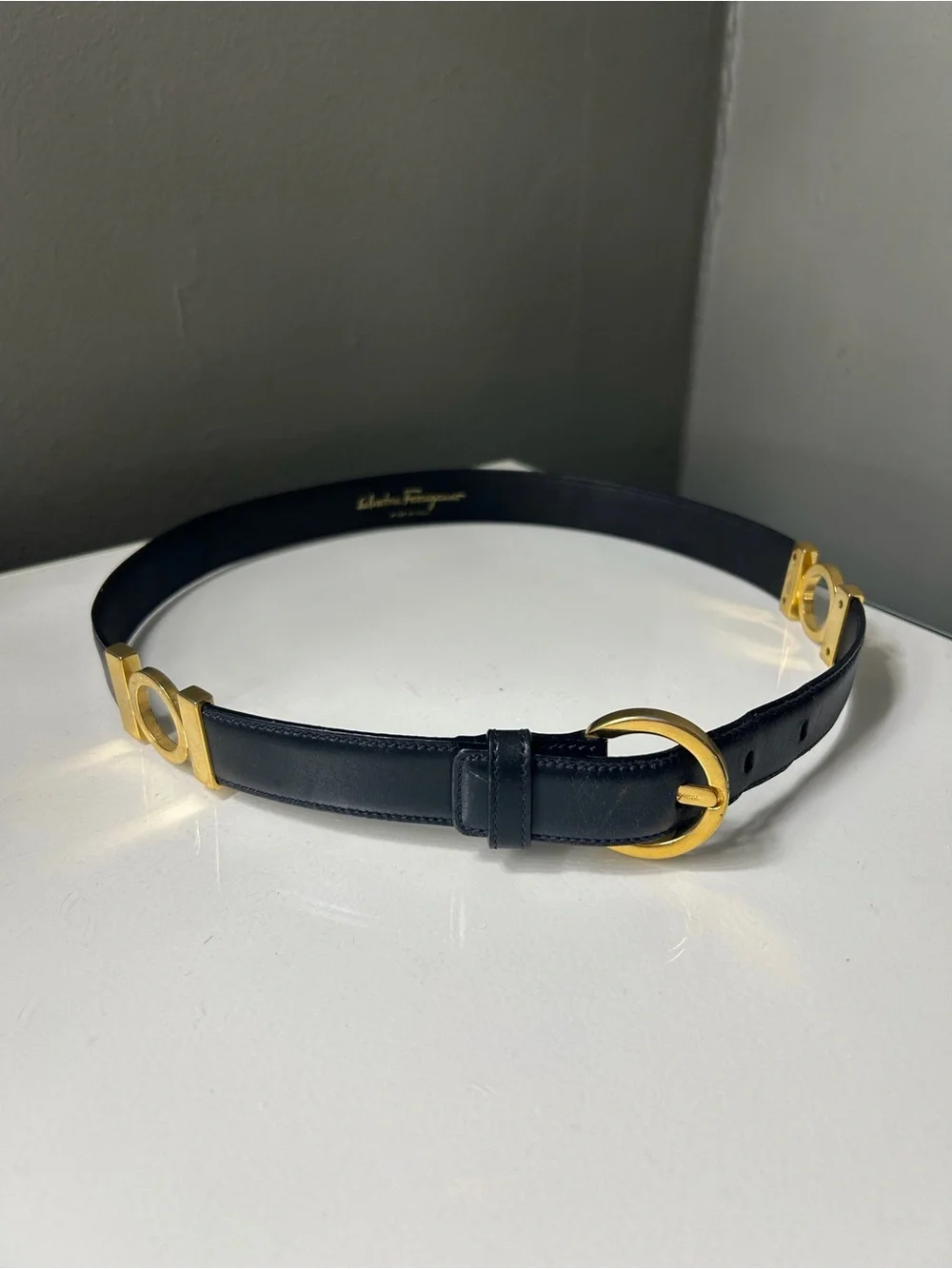 Salvatore Ferragamo Navy Blue Gancini Belt w Gold Buckle 30.5”L